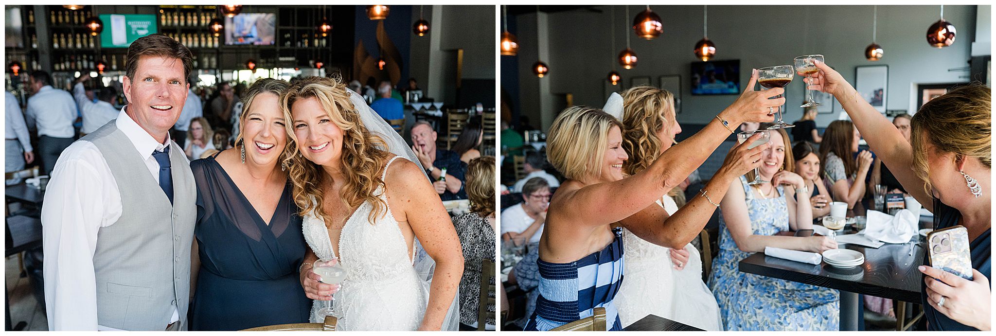 A wedding party celebrates at Summit Grill in Kansas City on a wedding day.