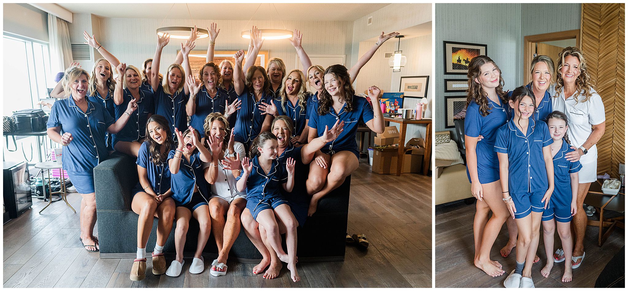 A bride and her bridesmaid celebrating as they get ready for the wedding at the Sheraton Overland Park Hotel at the Convention Center.