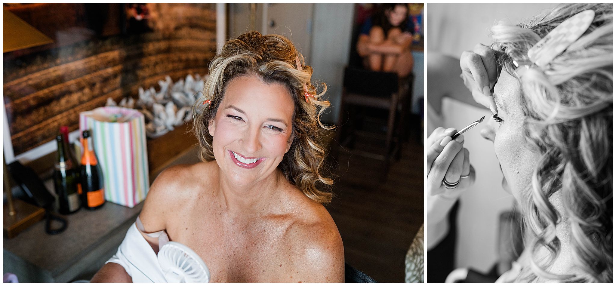 A bride holding a little fan as she gets ready on her wedding day at the Sheraton Overland Park Hotel at the Convention Center.