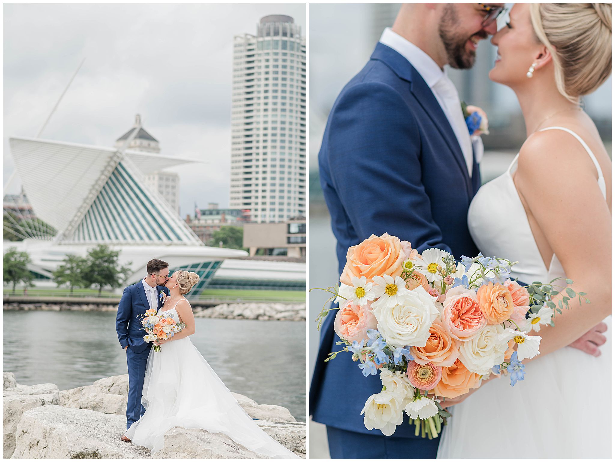 A bride and groom kiss as they stand with the Milwaukee Art Museum behind them on their wedding day.