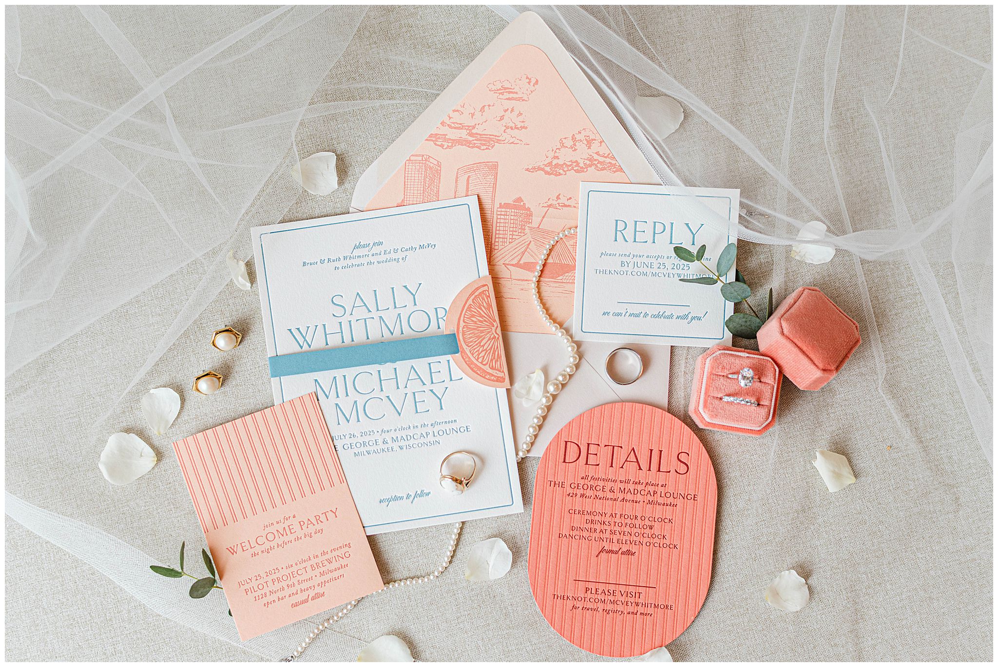 Stunning bridal details with pastel orange invitation suite, rings and jewelry from a Fall wedding in Milwaukee.
