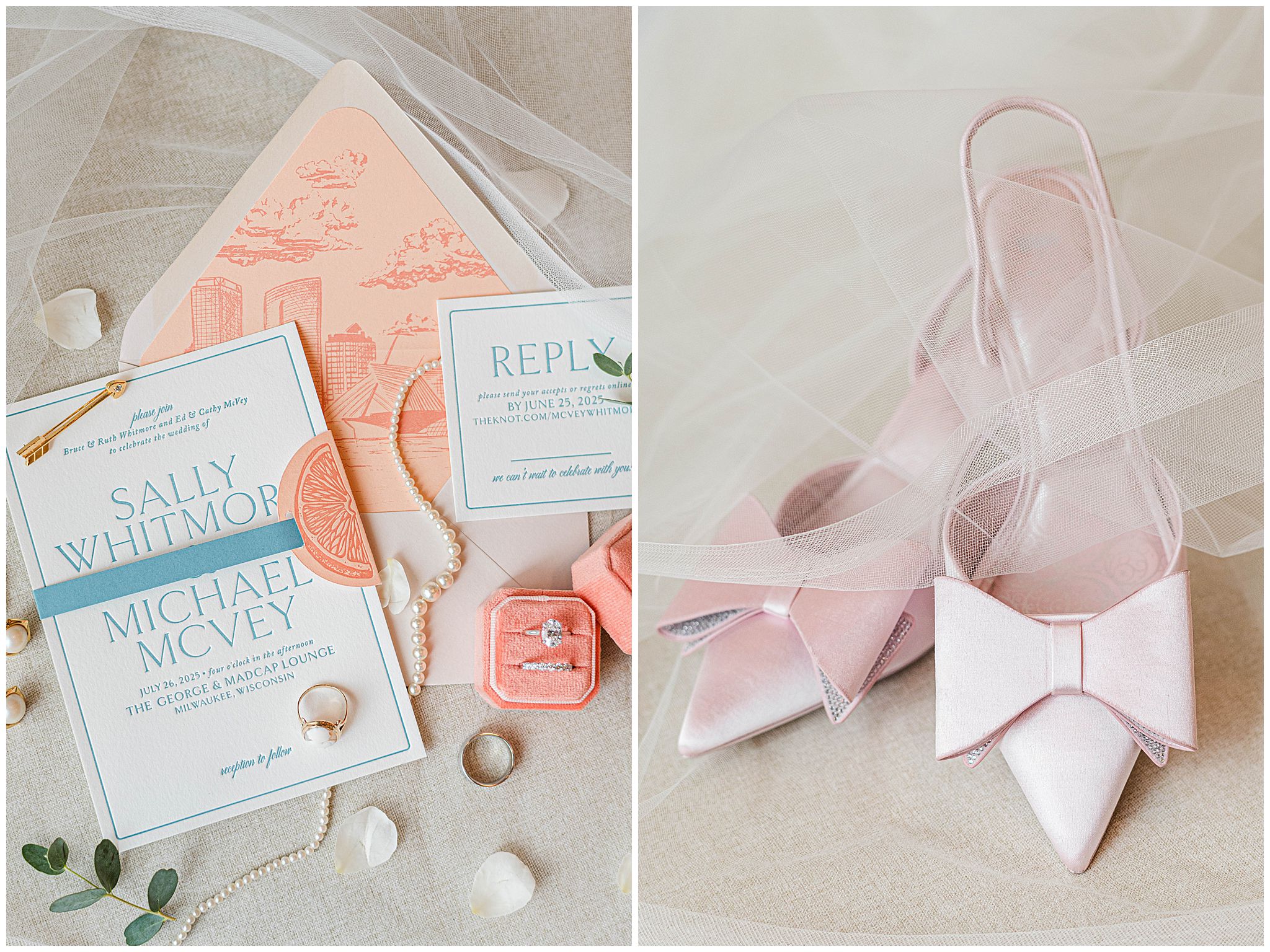 Soft pink bow wedding shoes paired with a veil covering the shoes in a delicate way.