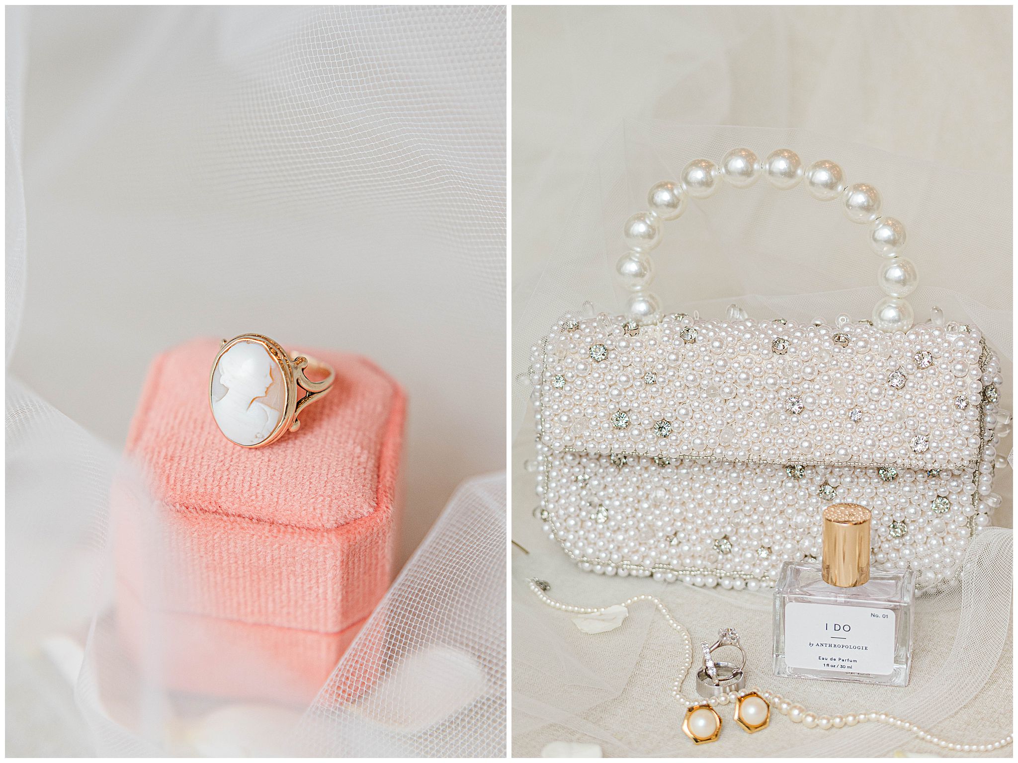 Vintage pearl bridal purse paired with a velvet ring box.