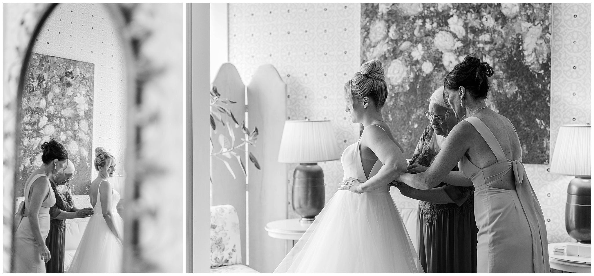Timeless black and white images of the bride getting in her wedding dress the morning of her wedding in Milwaukee.