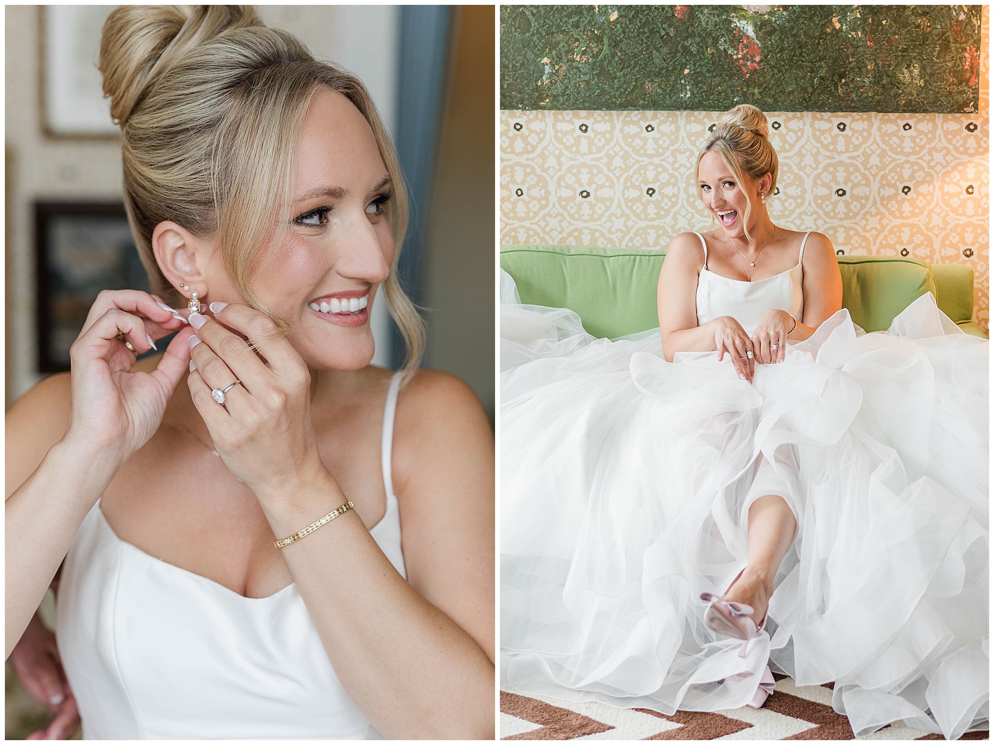 Bride smiling as her puts on her earrings and sits on the couch in her big tule wedding dress at The George and Madcap Lounge in Milwaukee.