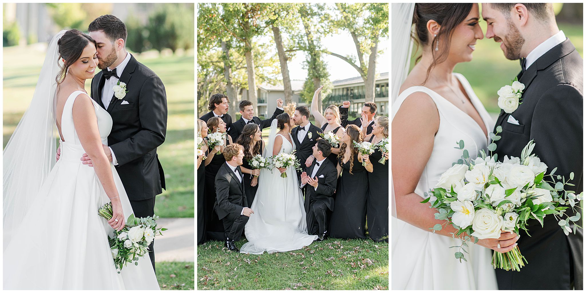 A collection of 3 images, a bride and groom pose for a portrait snuggled up, a wedding party cheers surrounding the bride and groom and a close up of the couple with the cream and green bouquet as the center piece all taken at The Abbey Resort in Lake Geneva, WI, take by a Lake Geneva wedding photographer. 